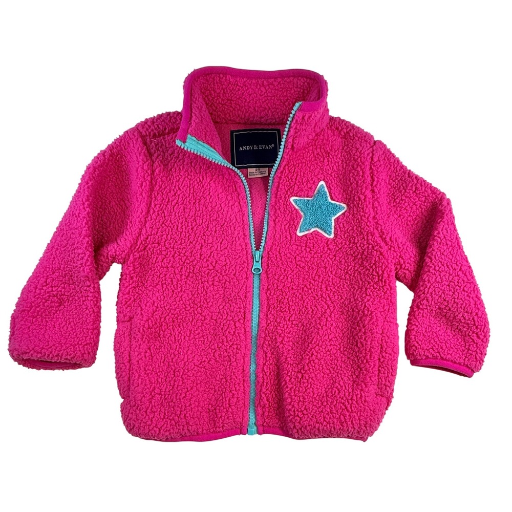 Andy & Evan Girls Fleece Jacket Star Patch Full Zip 2T Pink Polyester Sherpa
